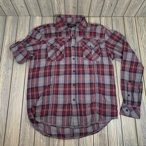 Affliction Black Premium Men Button Down Plaid Gray Red Skull Wings Sz Lg
